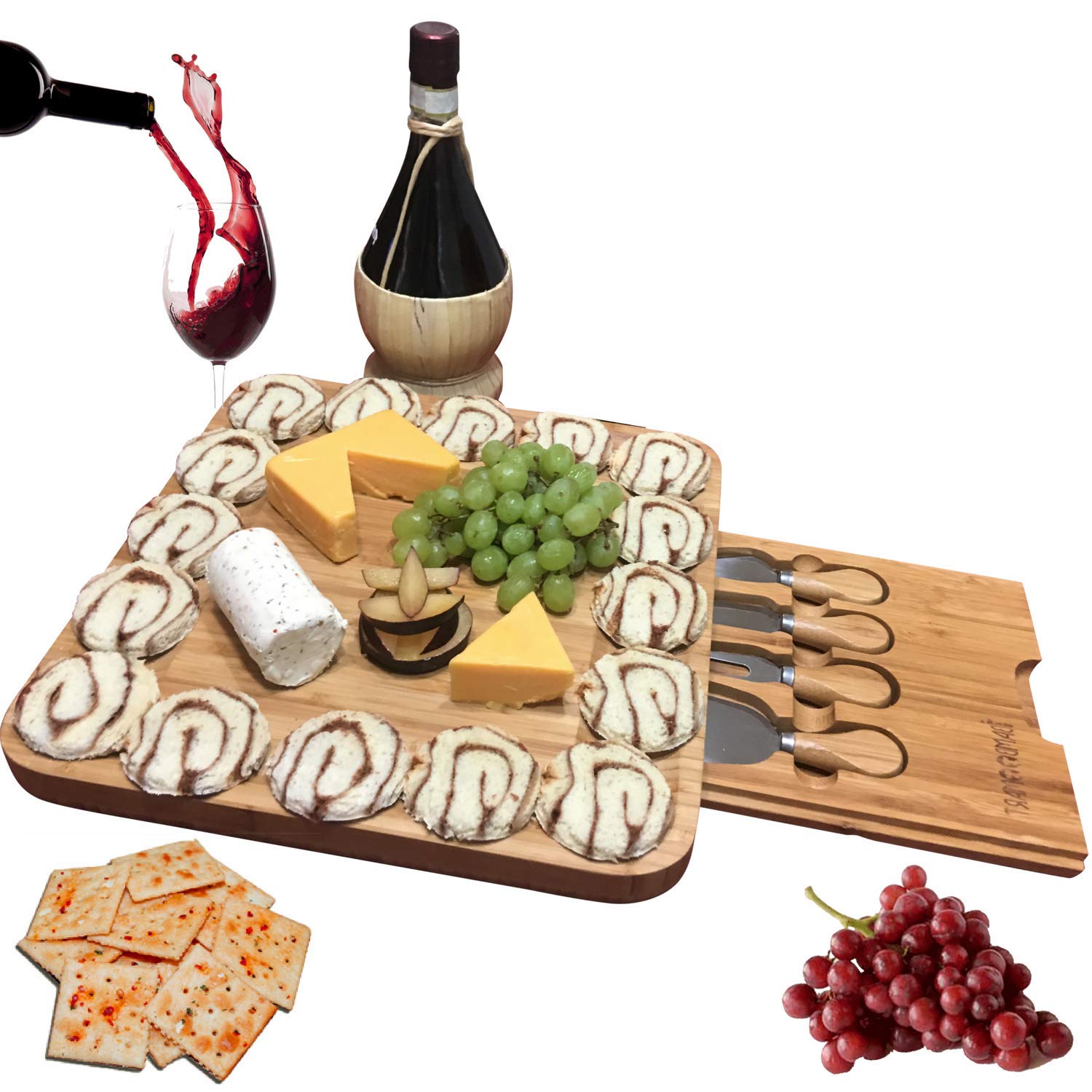 Bamboo cheese board with cutlery set and meat server