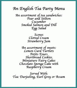 Menu for Traditional English Tea